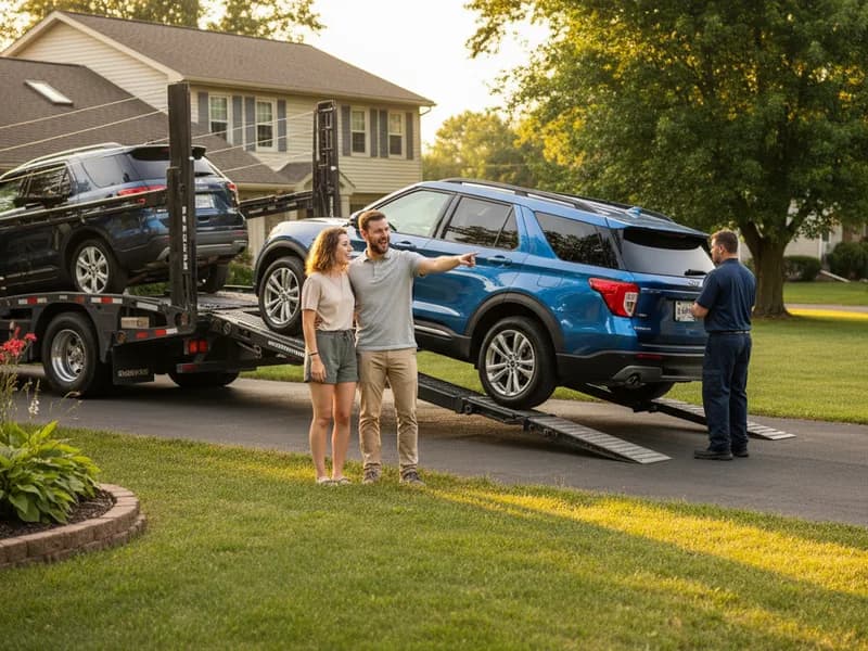 Door-to-door auto transport delivery — vehicle unloaded at destination