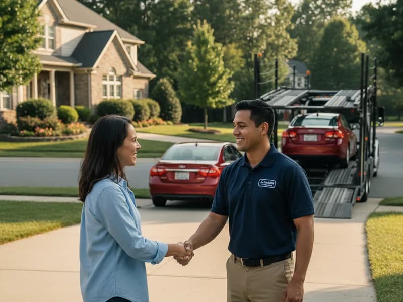Door-to-door auto transport pickup — carrier loading vehicle at home