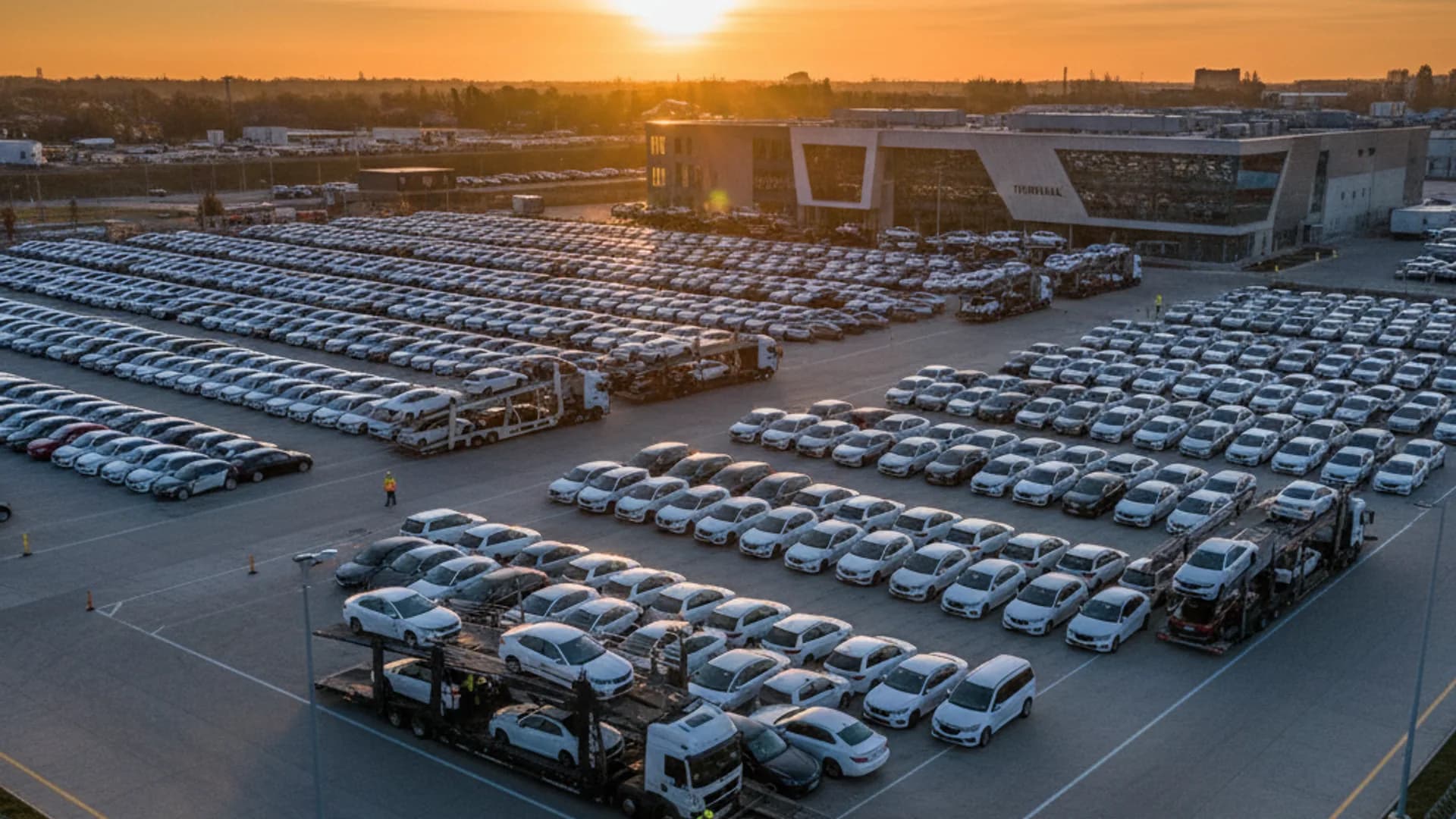 Terminal-to-terminal auto transport hub with carriers and vehicles ready to ship