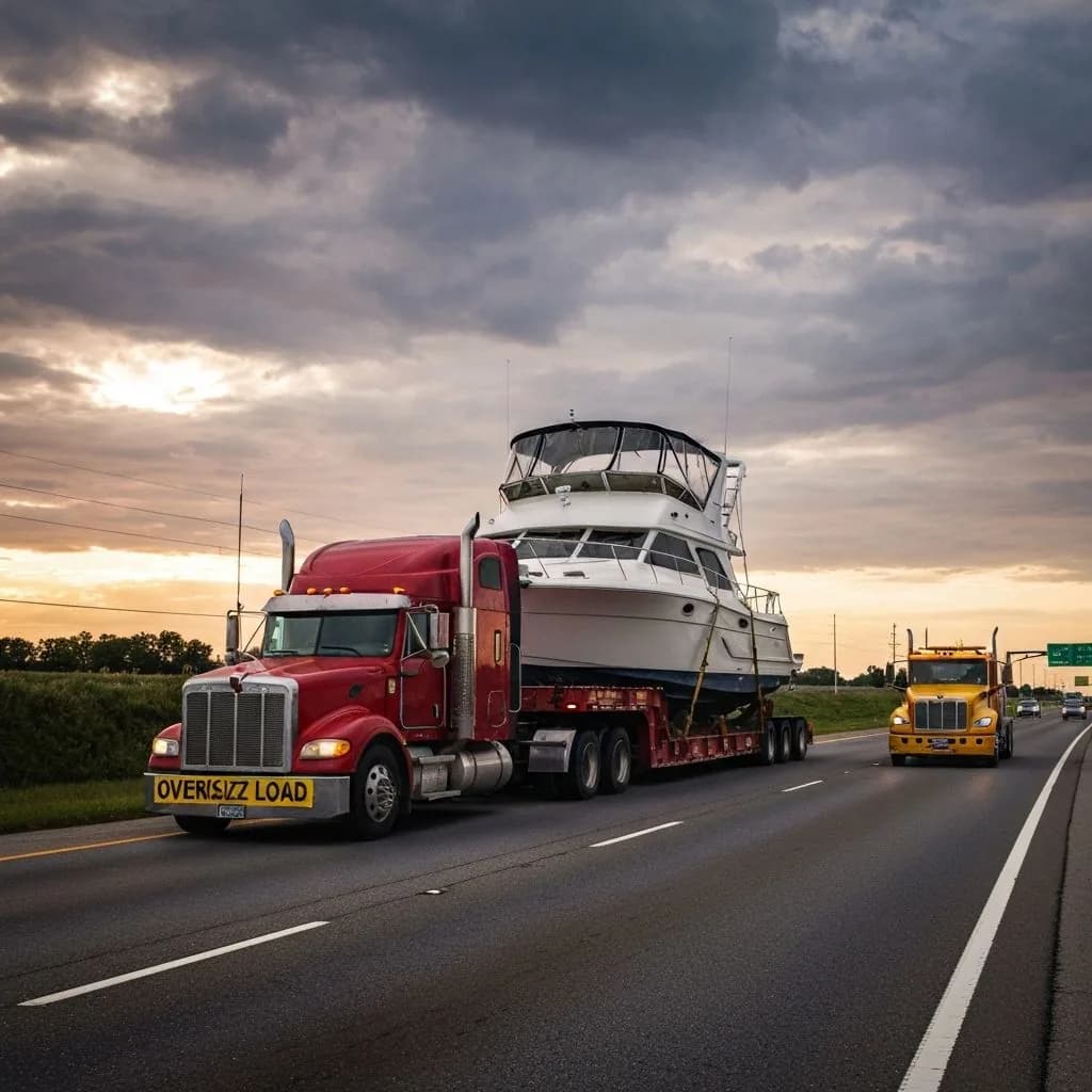 Boat shipping — watercraft secured on cradle flatbed traveling U.S. interstate