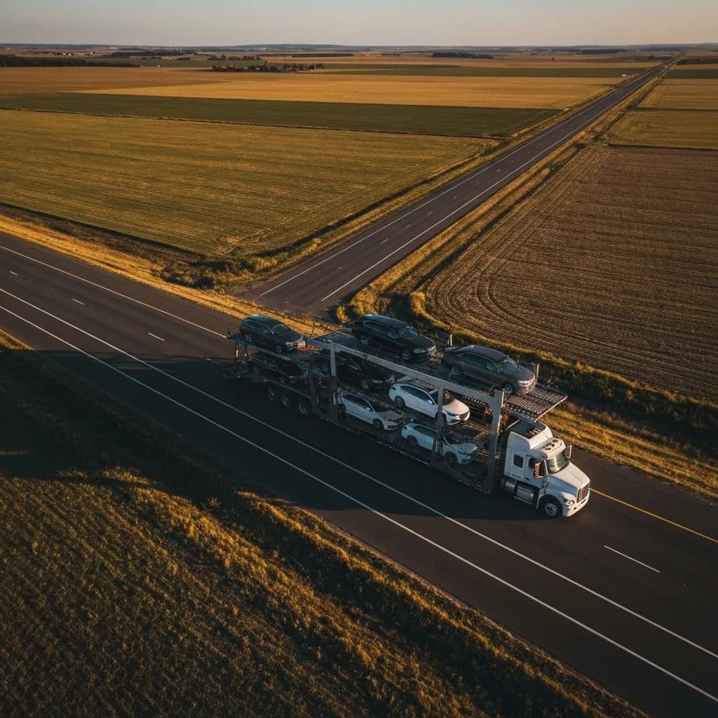 Aerial view of a car carrier truck on an interstate highway