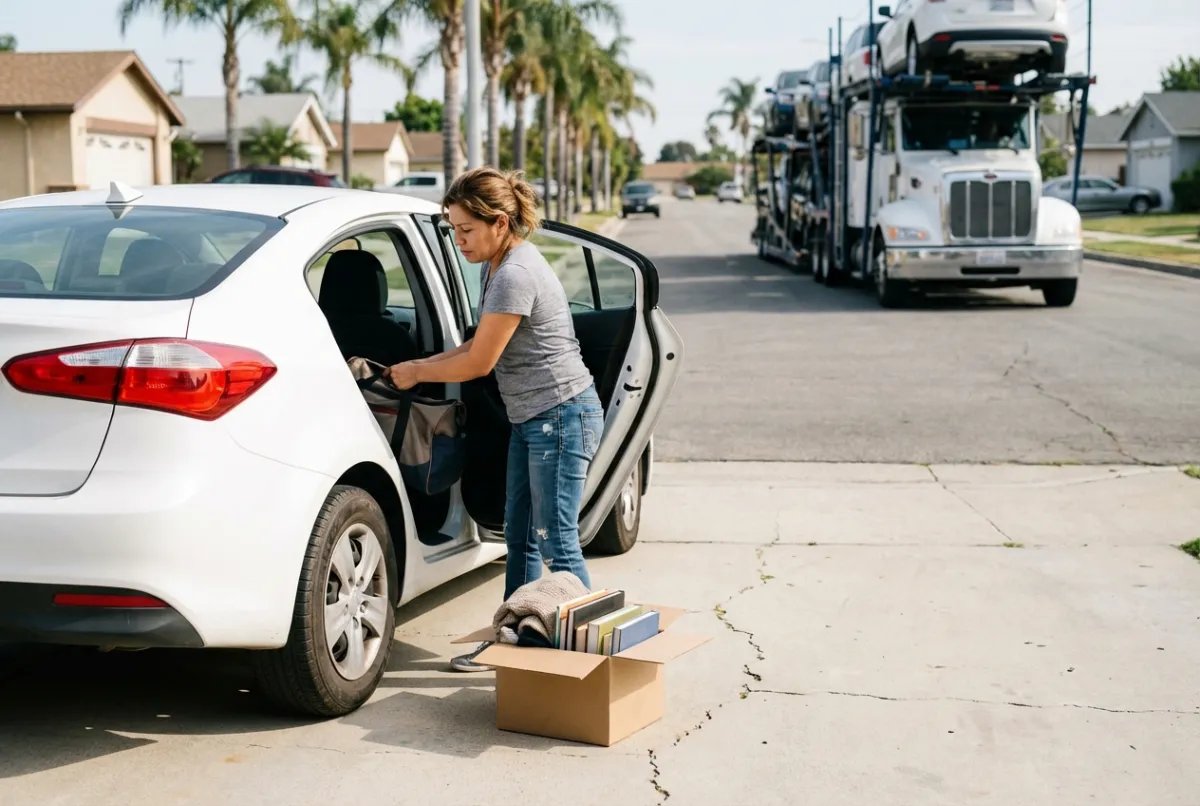 Car shipping preparation — owner washing Toyota Camry sedan and photographing all sides before carrier pickup
