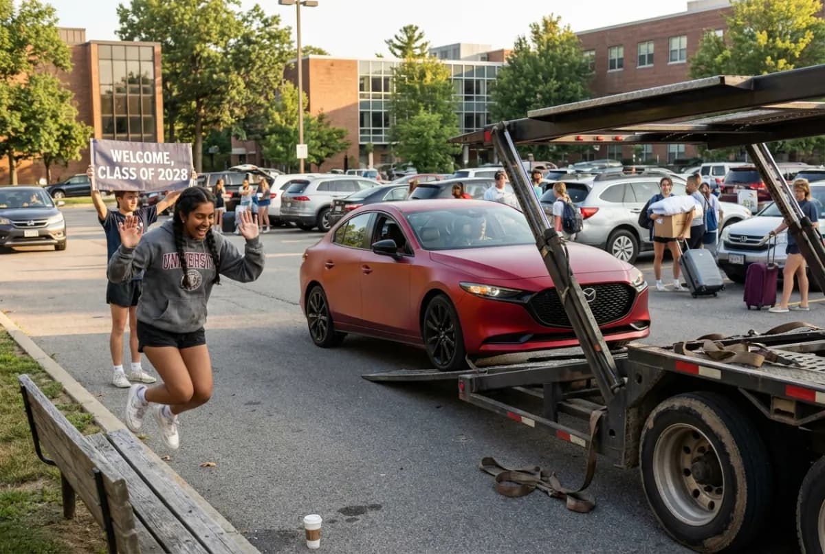 College car shipping — excited student at campus move-in day with car delivered by Scotts Auto Carrier
