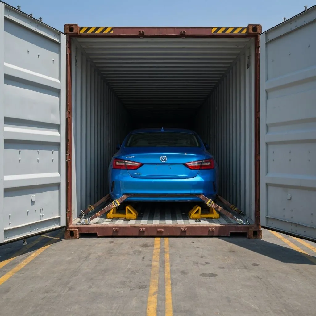 International car shipping — vehicle secured inside steel container for overseas transport