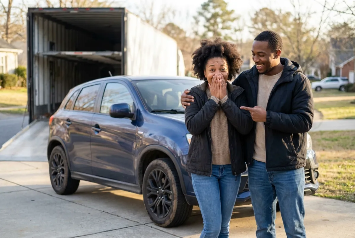 Online car buyer shipping — excited couple reviewing their new car purchase on laptop before scheduling transport