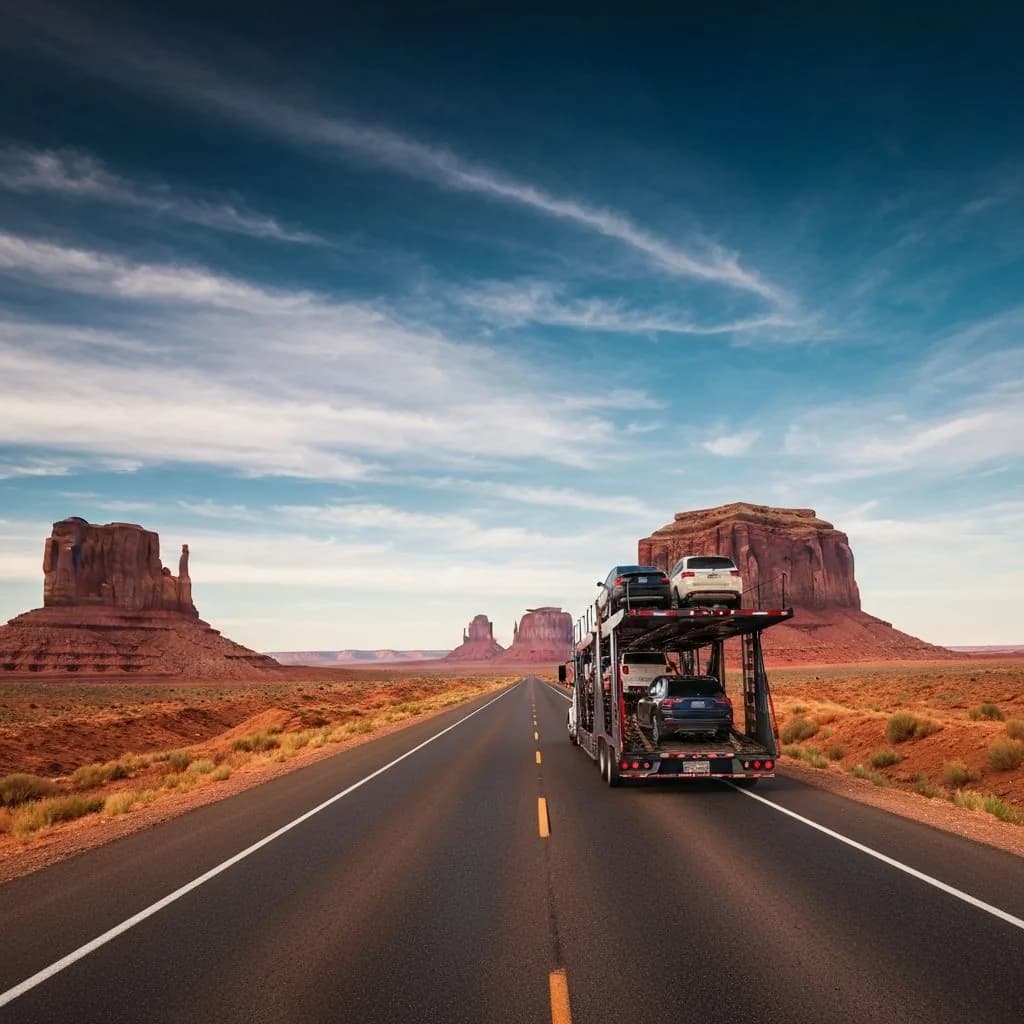 Car carrier truck driving across the American desert landscape