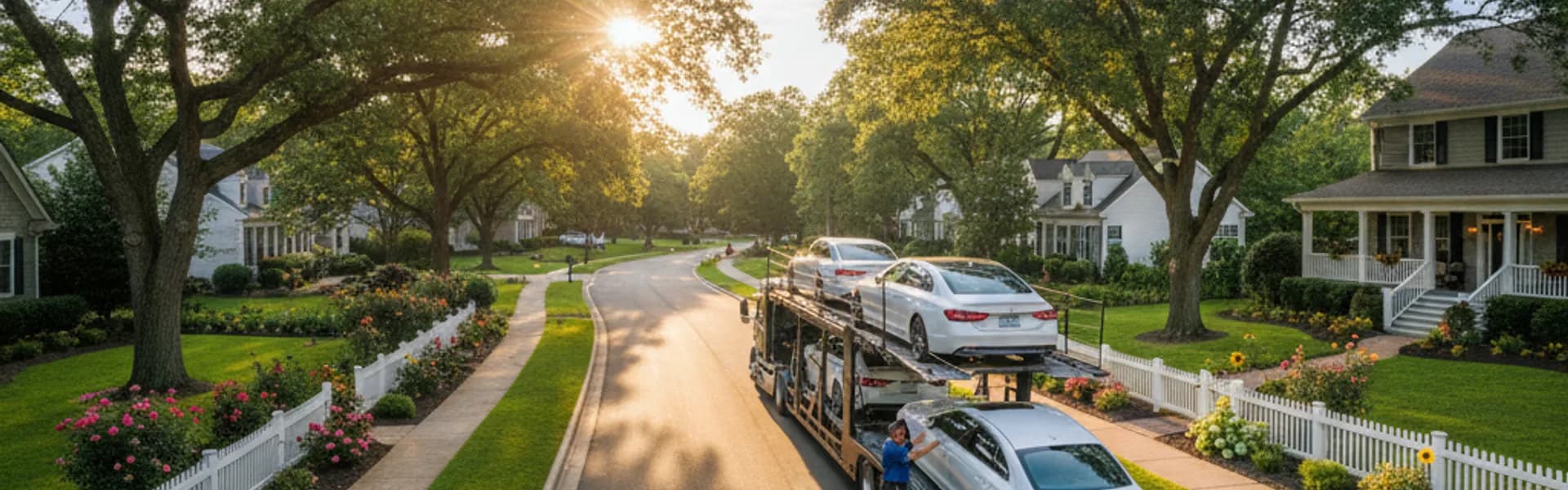 Door-to-door auto transport by Scott's Auto Carrier in residential neighborhood
