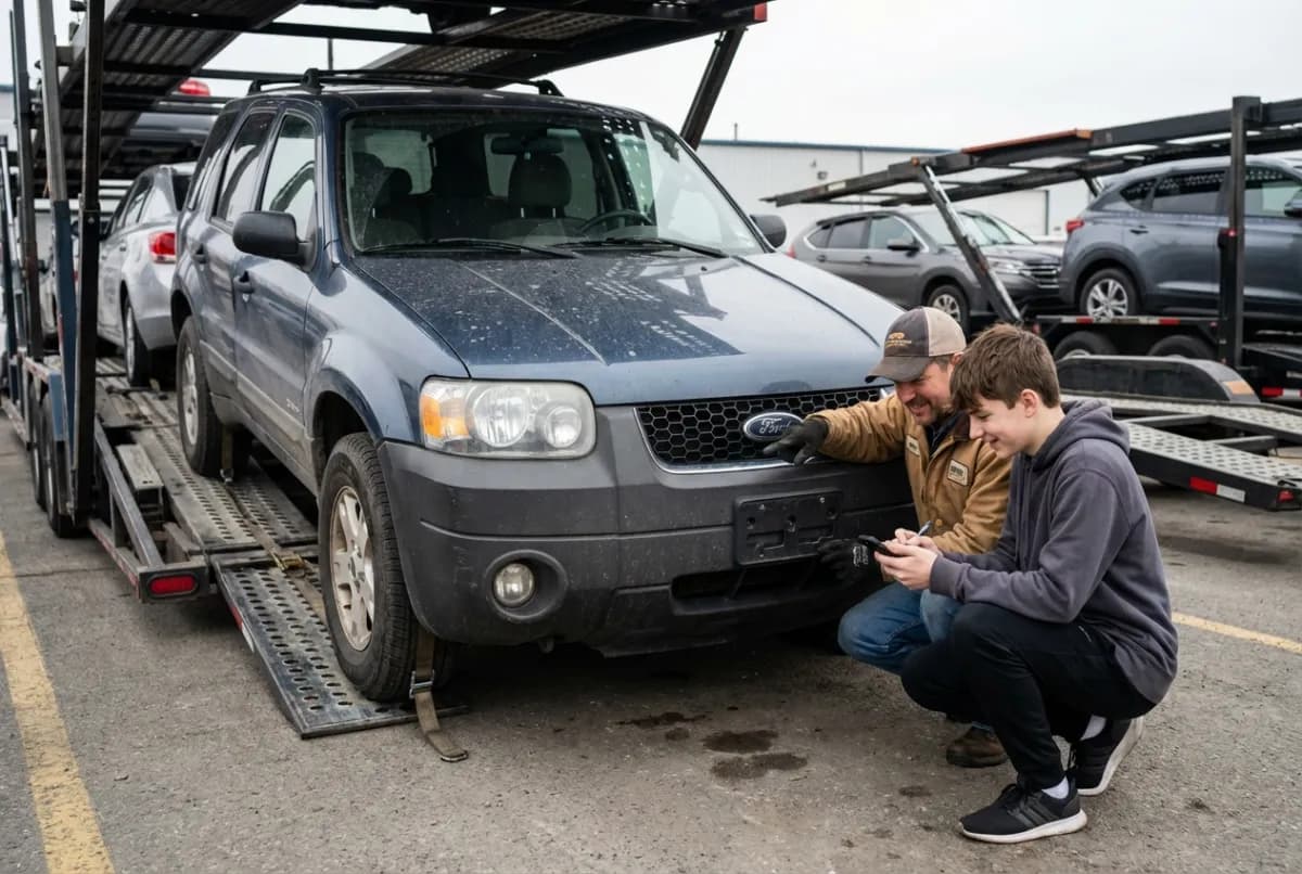 Car shipping delivery inspection — father and son checking sedan condition report at residential driveway