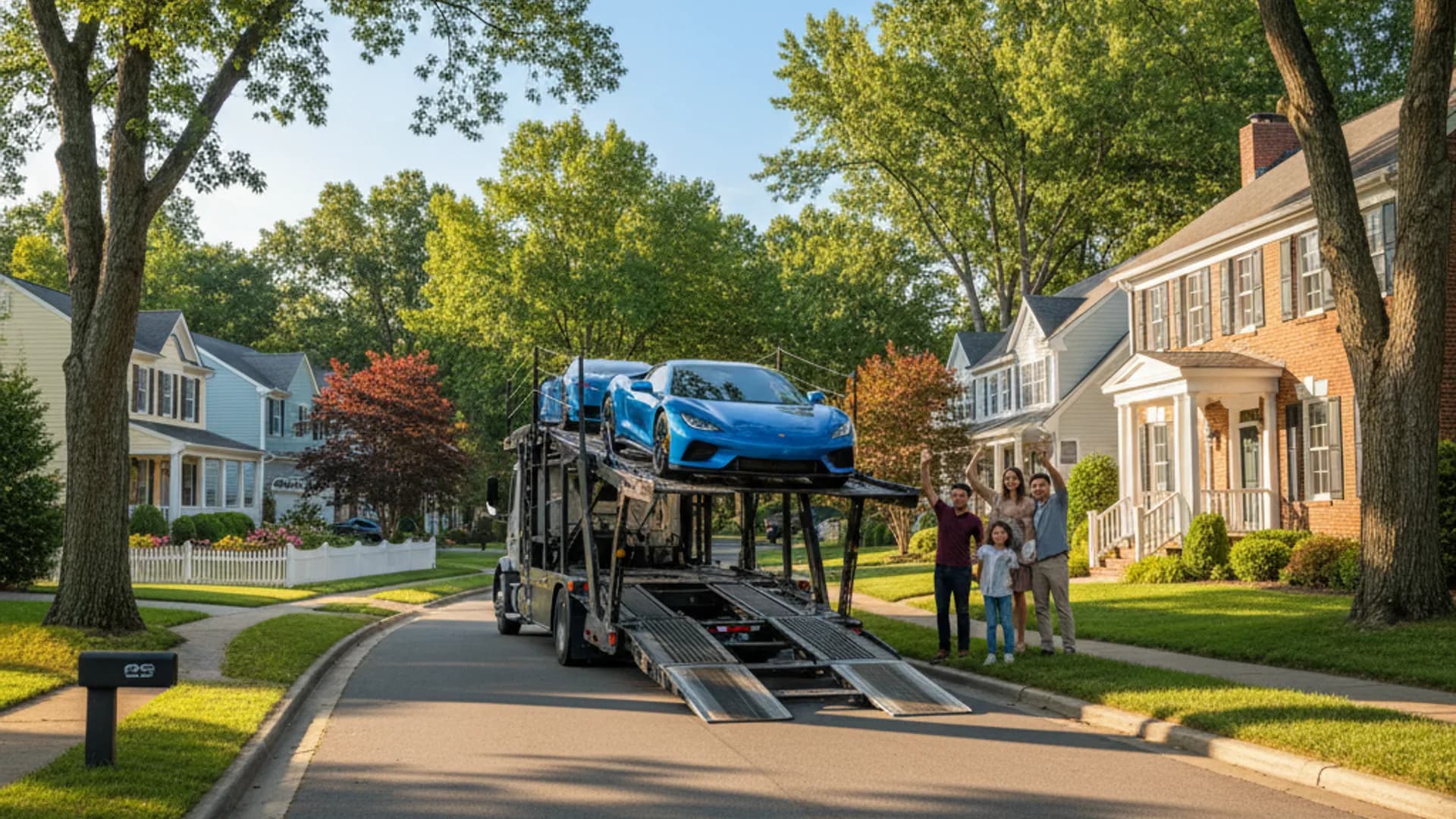 Door-to-door auto transport — car carrier arriving at customer's home for pickup