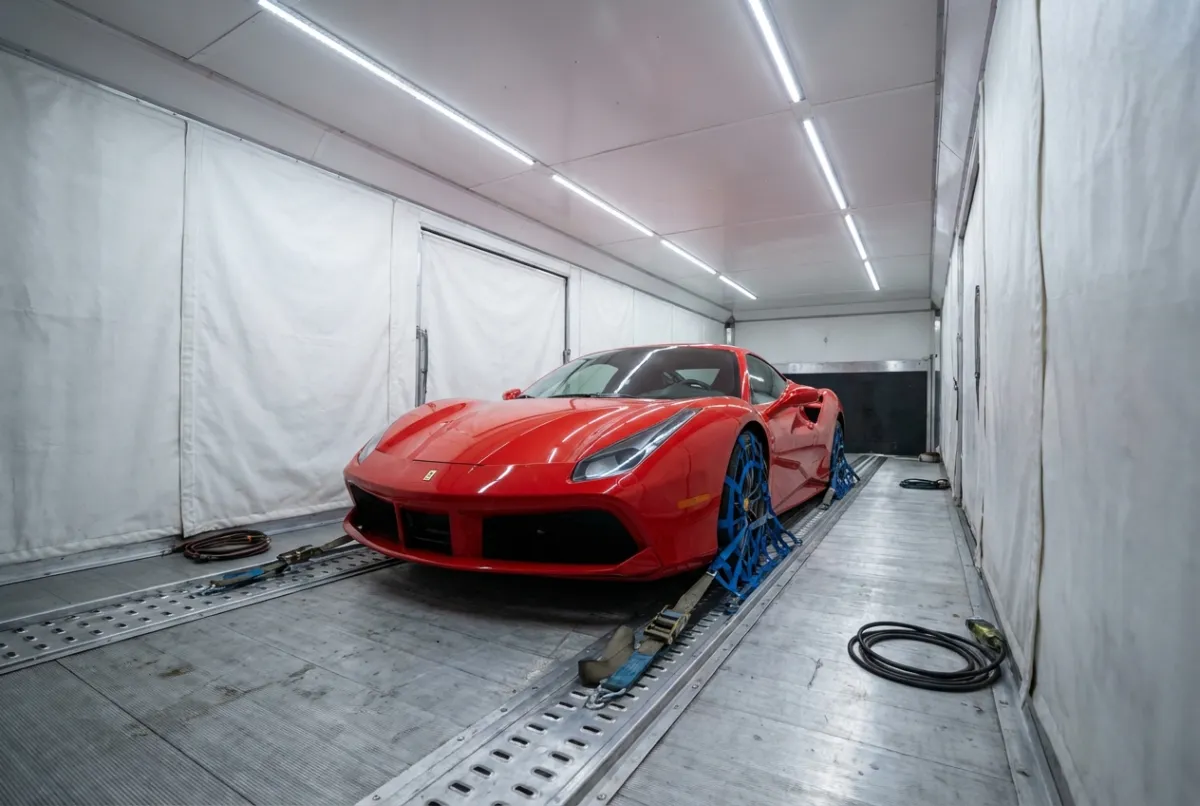 Enclosed transport option — luxury vehicle secured inside premium sealed trailer