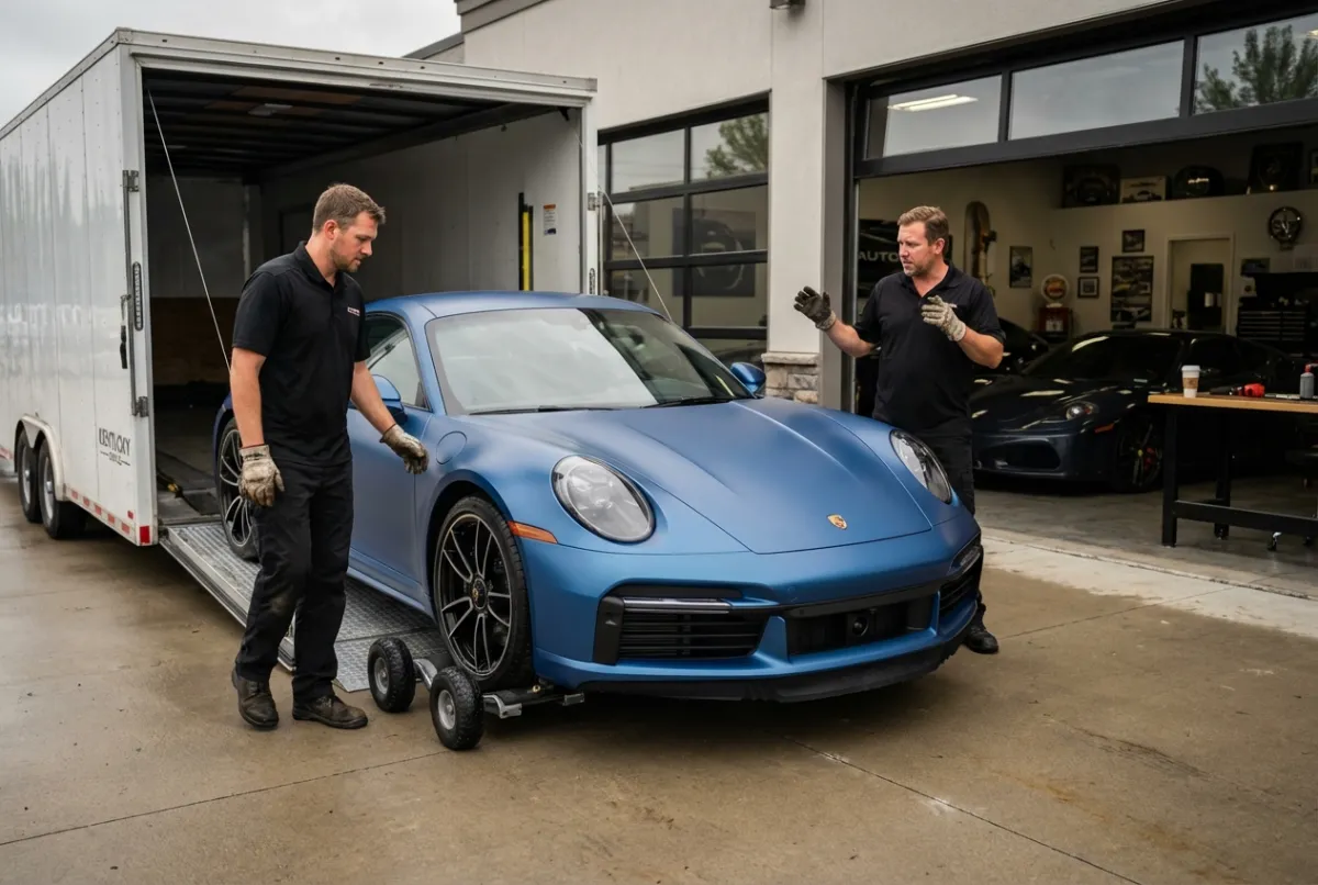 Enclosed auto transport trailer providing premium weather protection for college student vehicle shipping