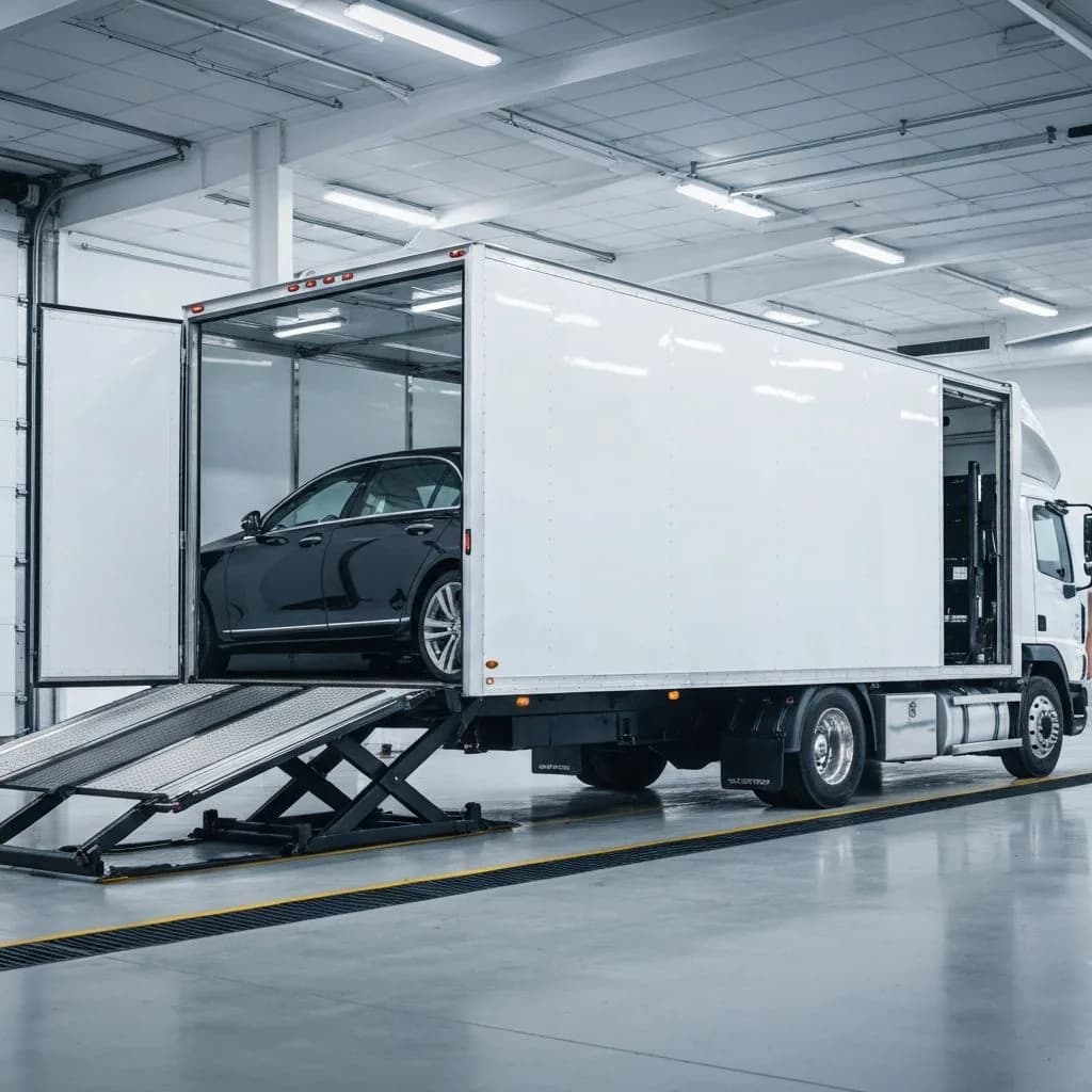 Enclosed auto transport trailer loading a luxury car with hydraulic lift gate