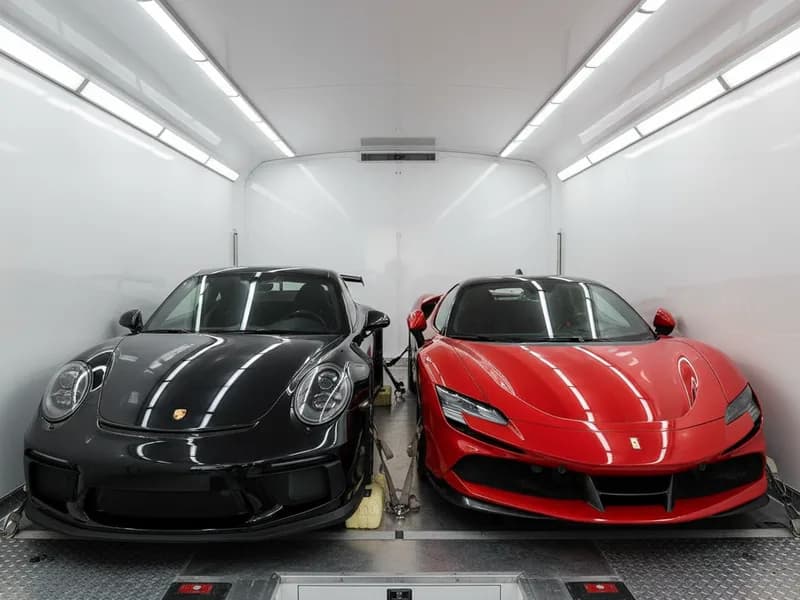 Enclosed car shipping — sedan secured inside fully enclosed auto transport trailer with weather protection and hydraulic lift gate