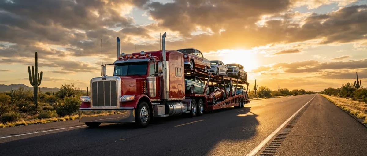 Military car shipping — open auto carrier transporting vehicles across American highway for PCS move