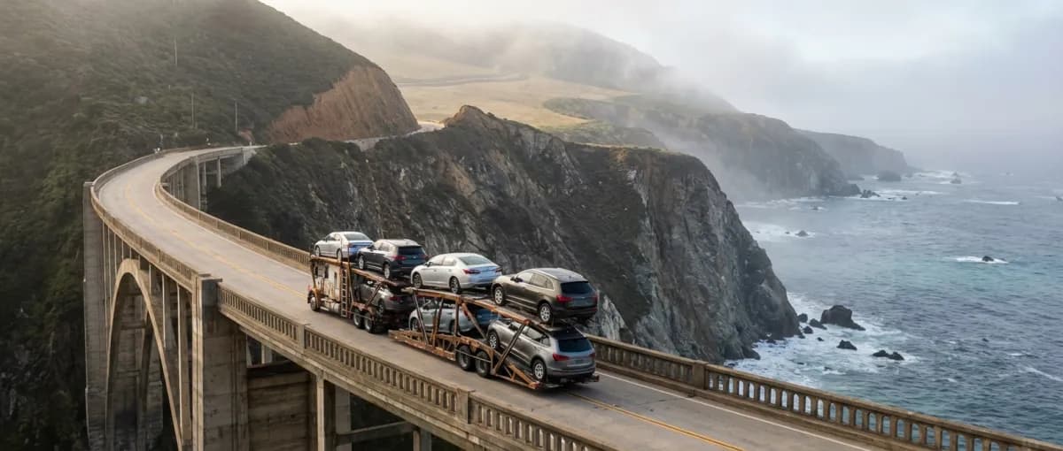 Military car shipping — open auto carrier transporting vehicles along coastal highway for PCS relocation