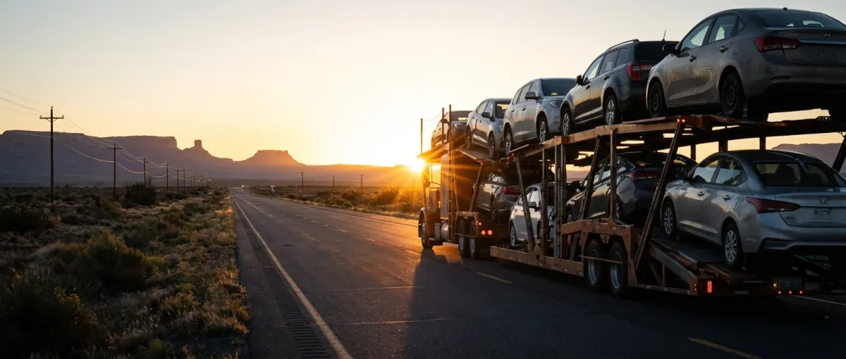 Car shipping nationwide — open auto carrier hauling sedans across American highway at sunrise with desert landscape