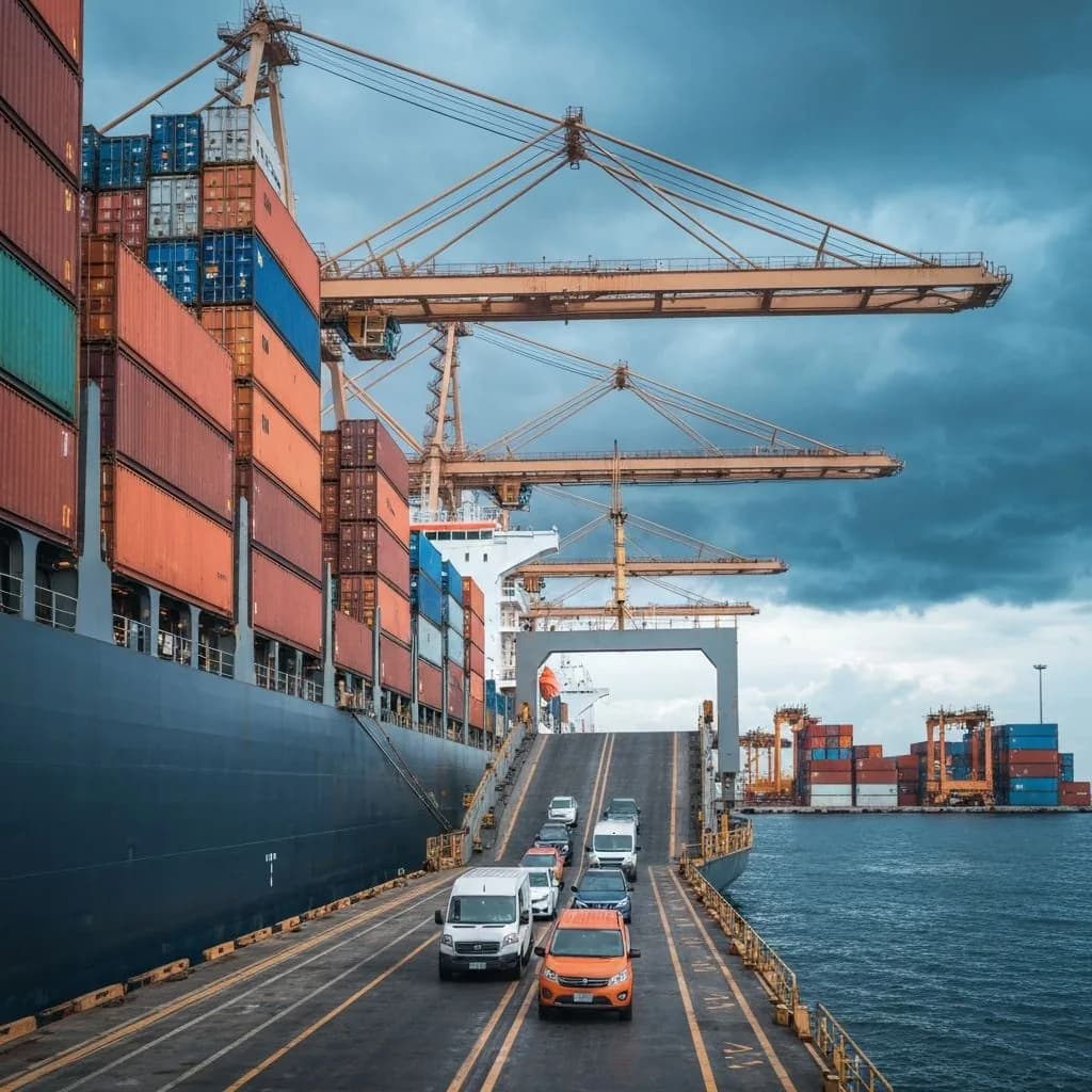 International car shipping — cargo vessel at port loading vehicles for overseas auto transport