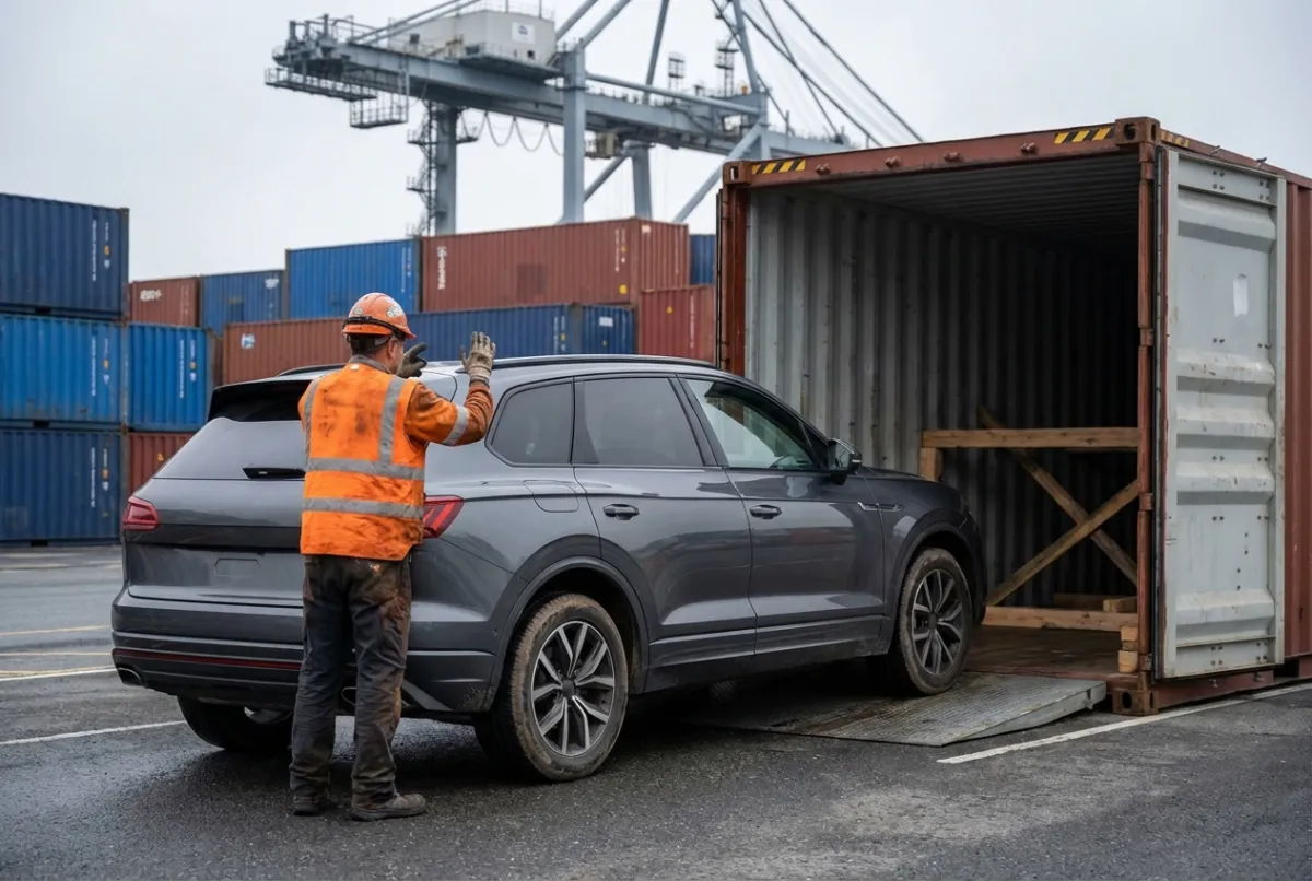 Puerto Rico car shipping — sedan loaded into sealed shipping container at Jacksonville port for Caribbean transit