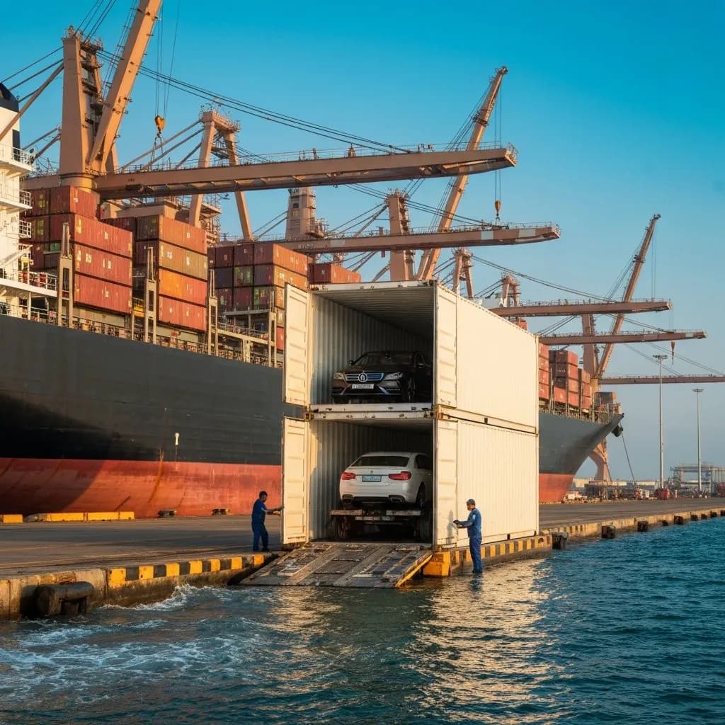 Luxury vehicles being loaded into shipping container at port