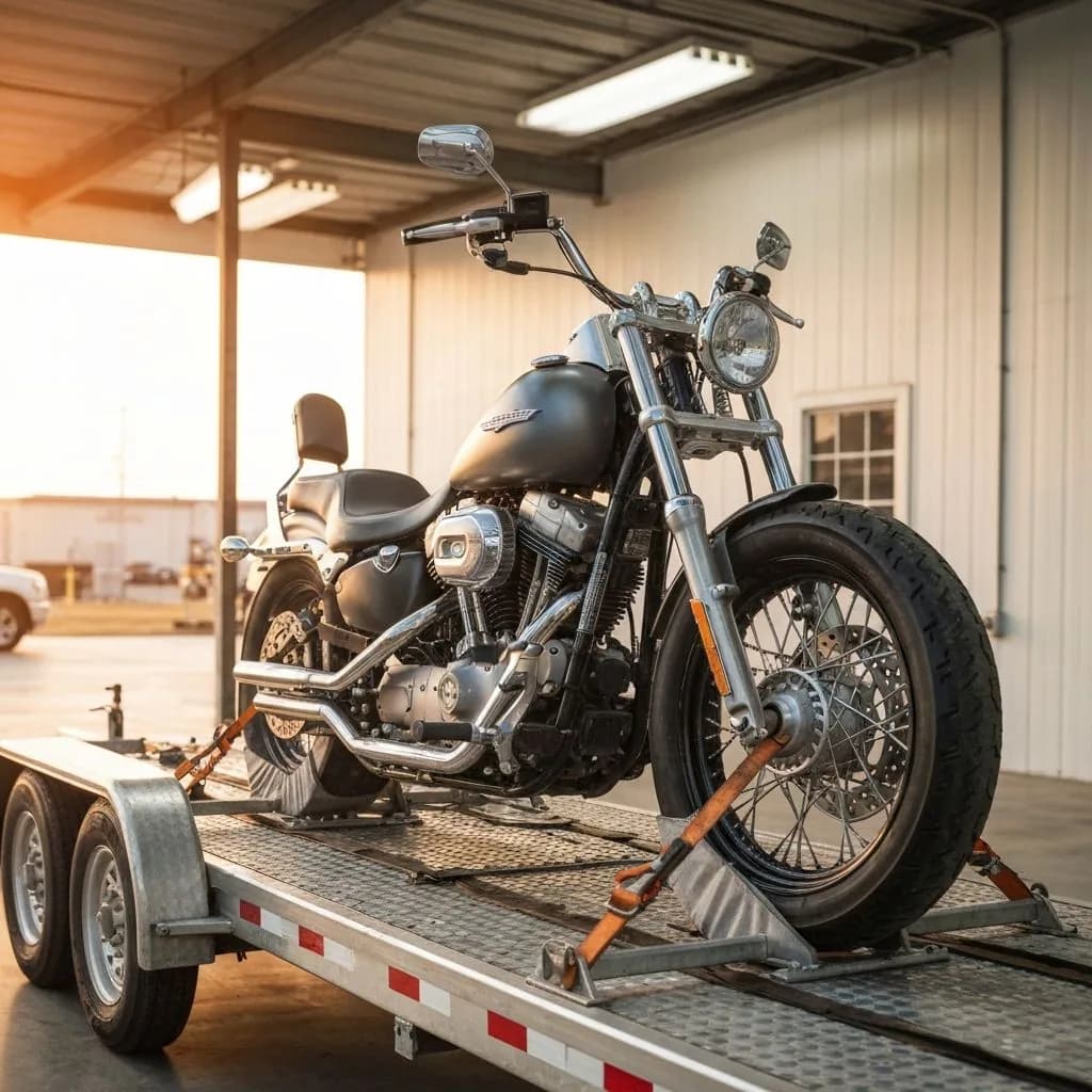 Motorcycle shipping — cruiser strapped with wheel chocks on specialized transport trailer