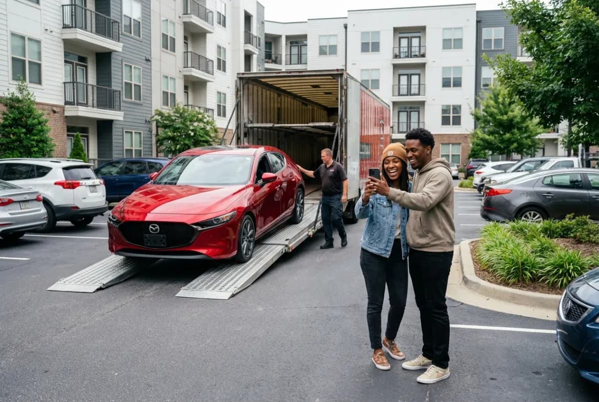 Online car buyer shipping — sedan rolling off open carrier ramp at residential delivery location