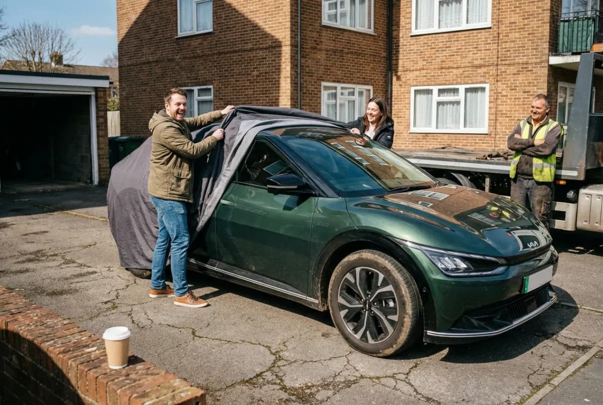 Online car buyer shipping — excited couple receiving Toyota RAV4 delivered to suburban driveway by Scott's Auto Carrier