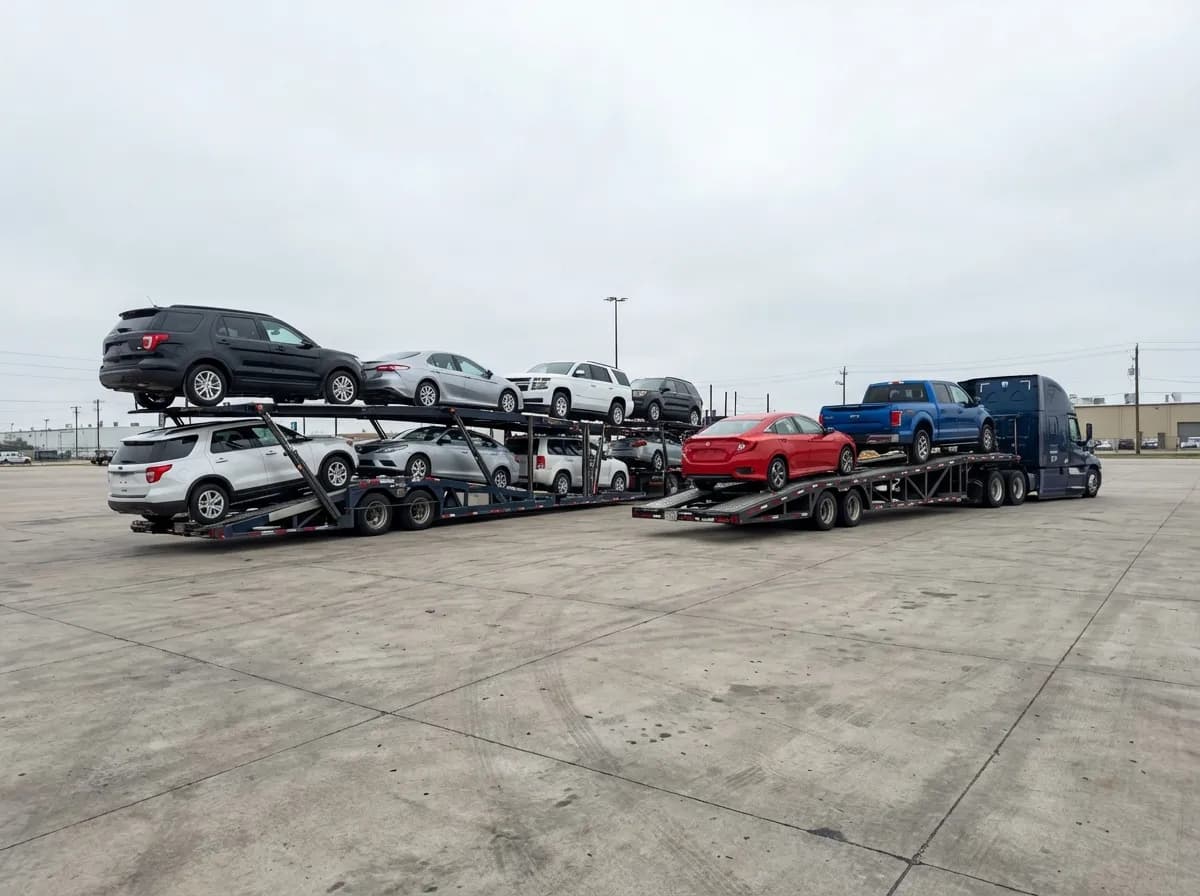 Car shipping costs by vehicle class — sedans coupes and hatchbacks being loaded onto open auto carrier at transport staging yard