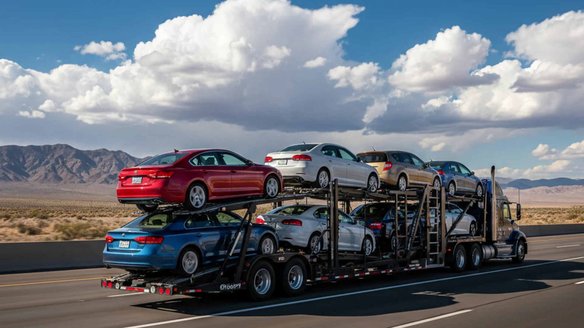 Open car transport carrier loaded with vehicles driving across the U.S.