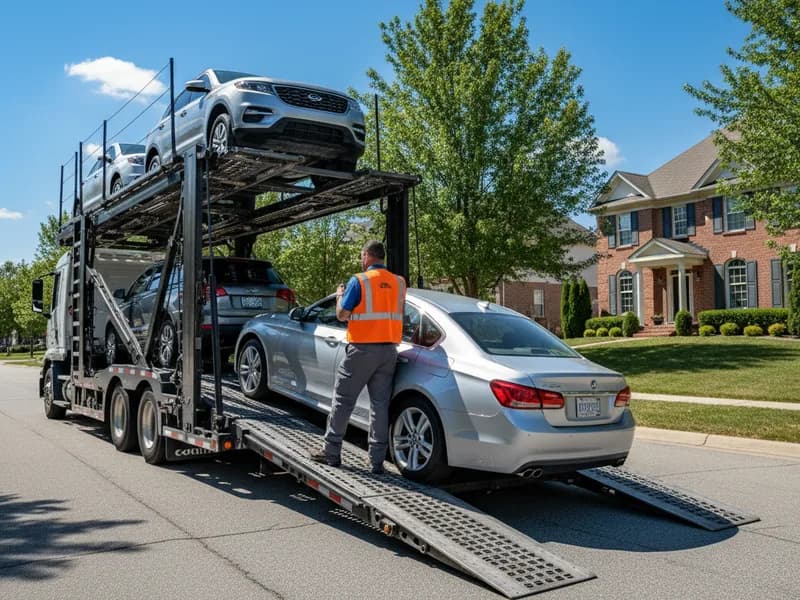 Open car transport — sedan being loaded onto two-level open carrier