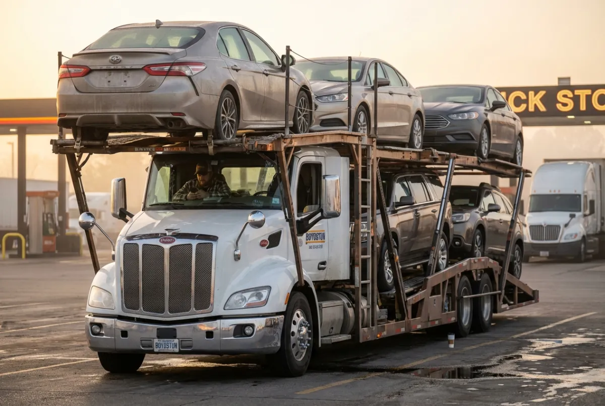 Open car transport by Scott's Auto Carrier — carrier truck at sunset on American highway