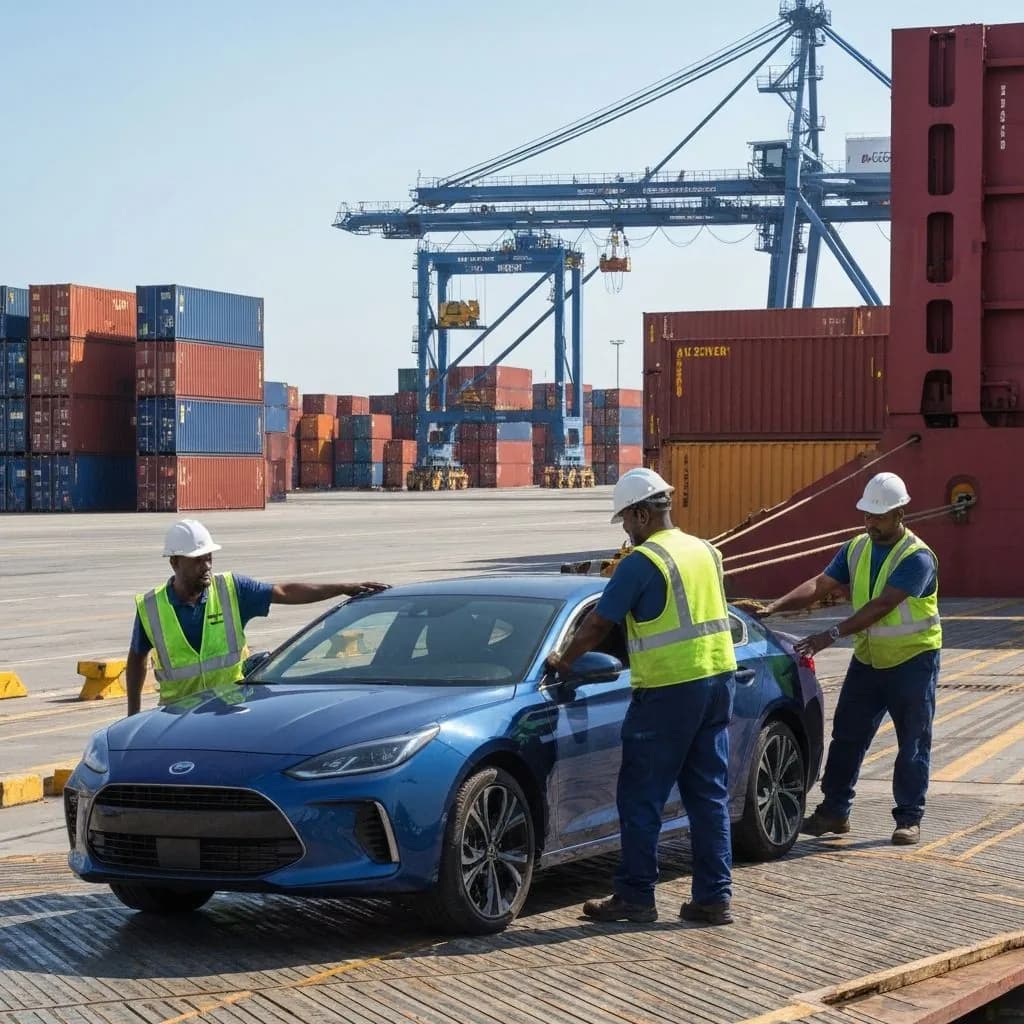 International car shipping — vehicle driving onto RoRo ship ramp for ocean transport