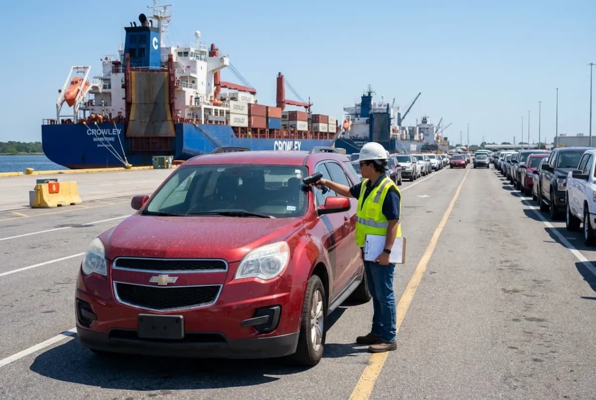 Puerto Rico car shipping — vehicle driving up RoRo ramp onto cargo ship at Jacksonville FL port
