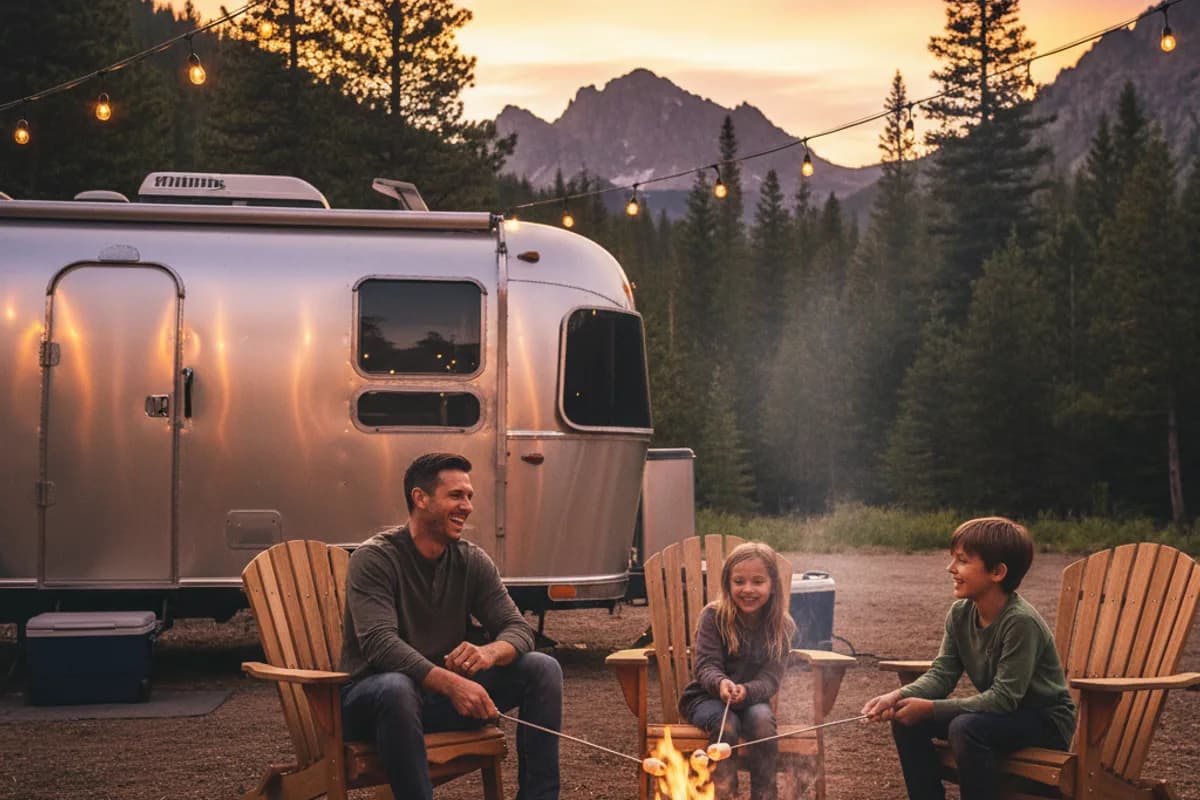 RV transport — family enjoying campground after shipping their travel trailer with Scott's Auto Carrier