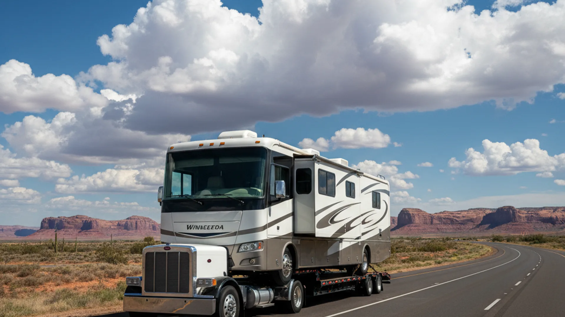 RV transport — large motorhome secured on heavy-duty flatbed for nationwide delivery