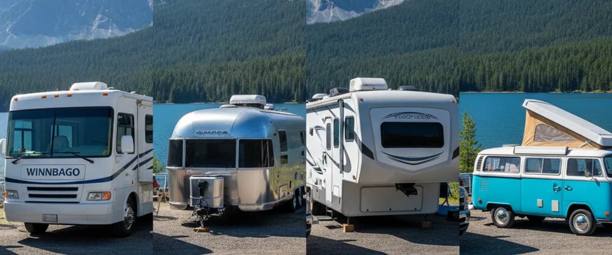 RV transport — aerial view of Class A motorhomes, camper vans, travel trailers, and fifth wheels