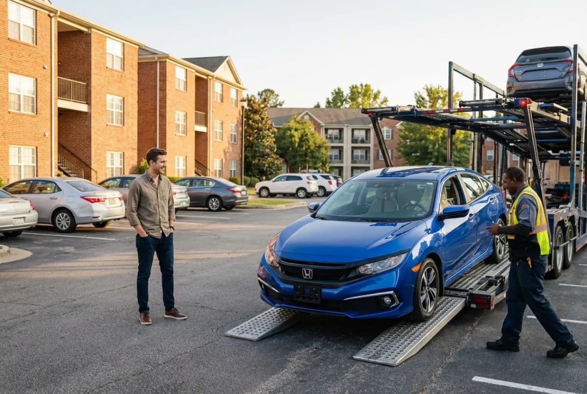 Car shipping sedan delivery — Honda Civic sedan delivered door-to-door by Scotts Auto Carrier open transport service