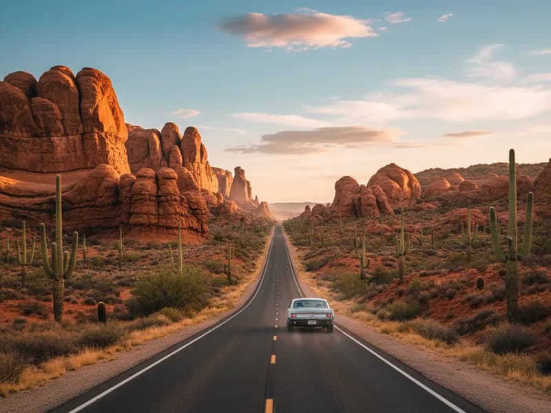 Snowbird auto transport route — Arizona desert highway with red rocks and saguaro cacti