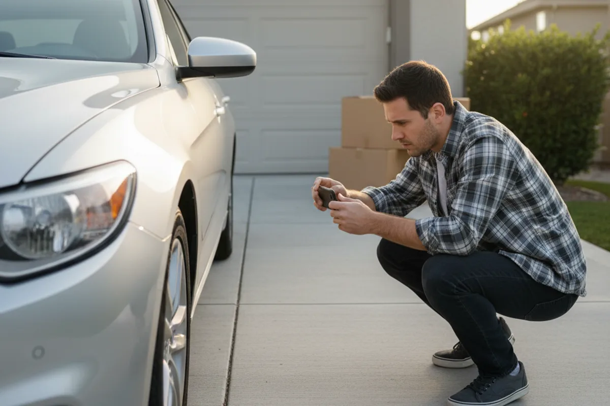 Vehicle owner photographing their car before snowbird auto transport — documenting condition for shipping inspection