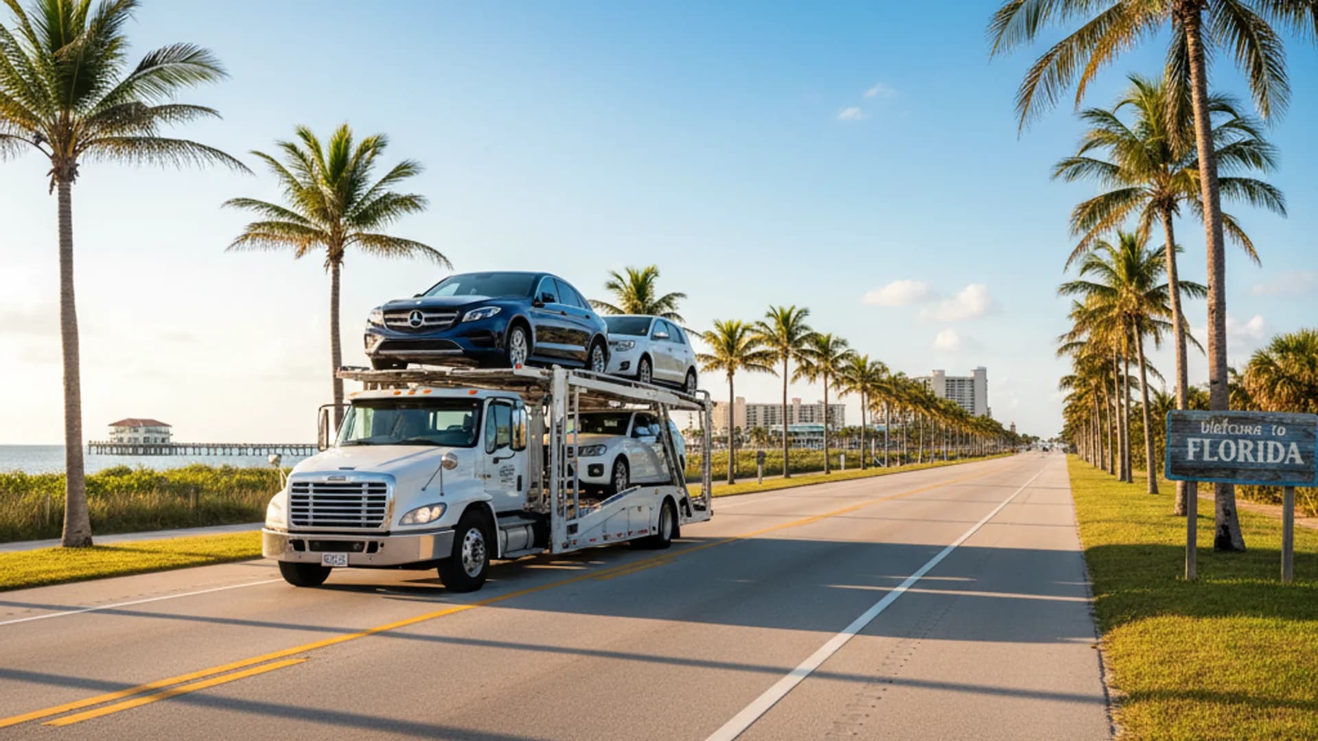 Snowbird car shipping — loaded auto carrier driving south on palm-tree-lined Florida coastal highway