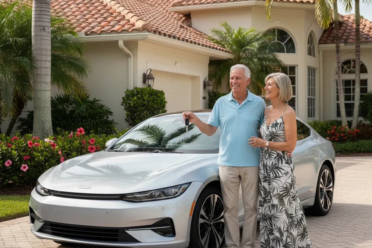 Snowbird couple receiving their shipped car at warm-weather Florida home after seasonal auto transport by Scott's Auto Carrier