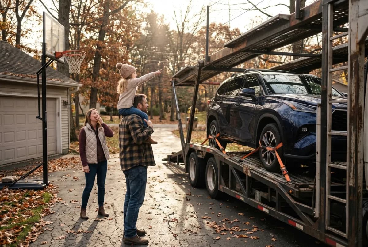 SUV transport loading — family SUV being secured onto open auto carrier for shipping