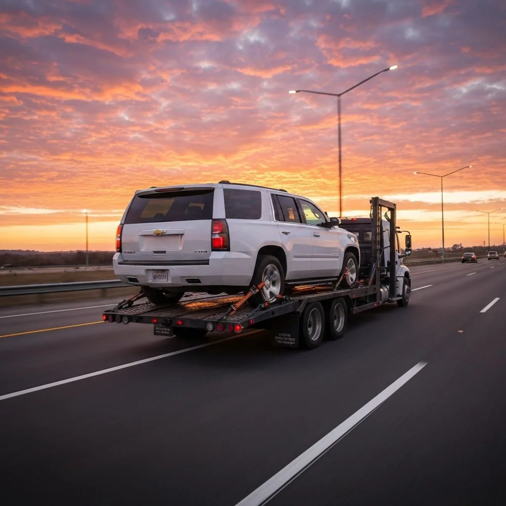 SUV transport — full-size SUV loaded onto open carrier for door-to-door delivery
