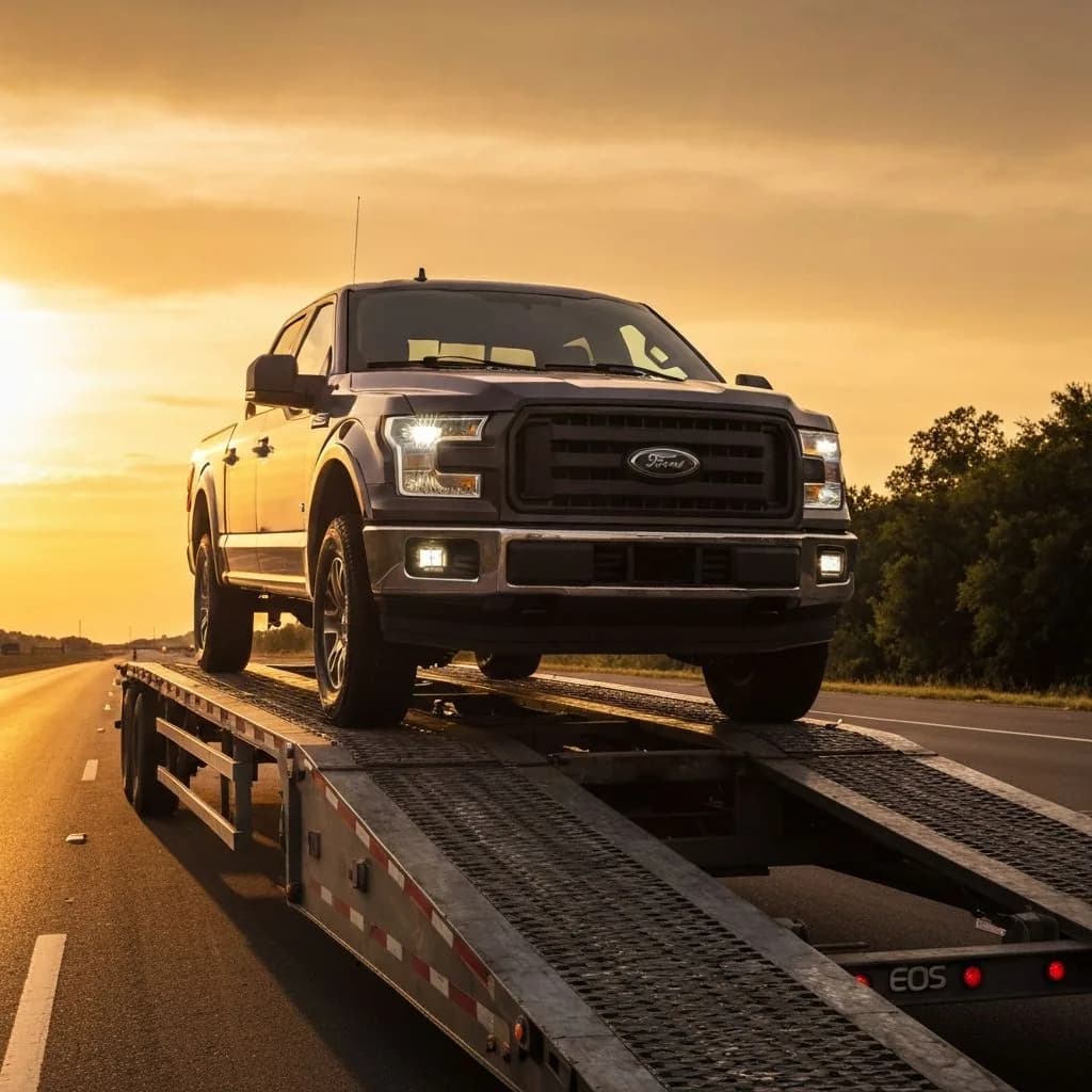 Truck shipping — full-size pickup secured on open transport carrier for delivery