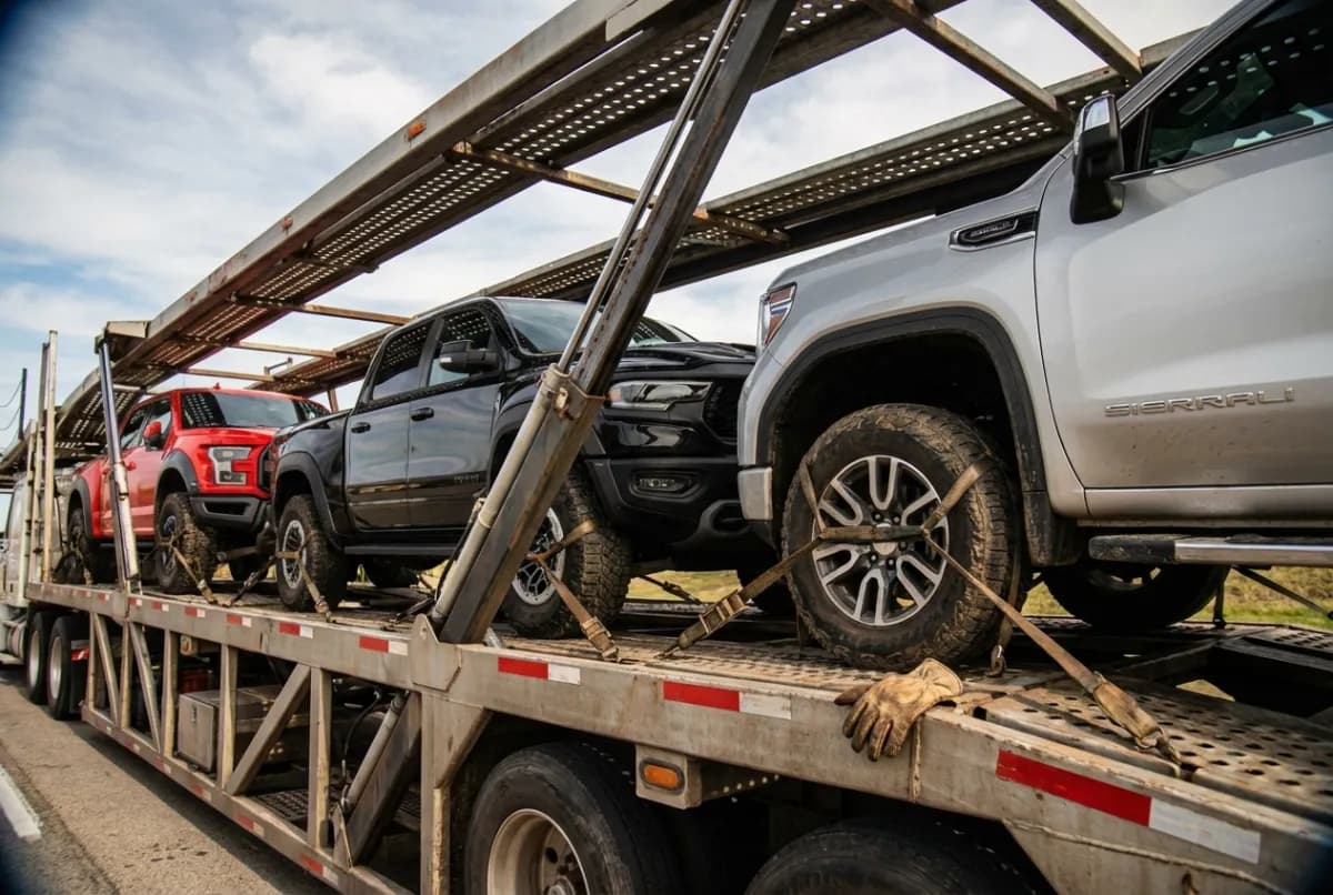 Truck shipping options — pickup trucks and full-size trucks loaded for open carrier transport