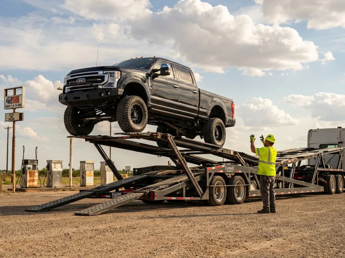 Truck shipping options — mid-size, full-size, and heavy-duty pickups staged for transport