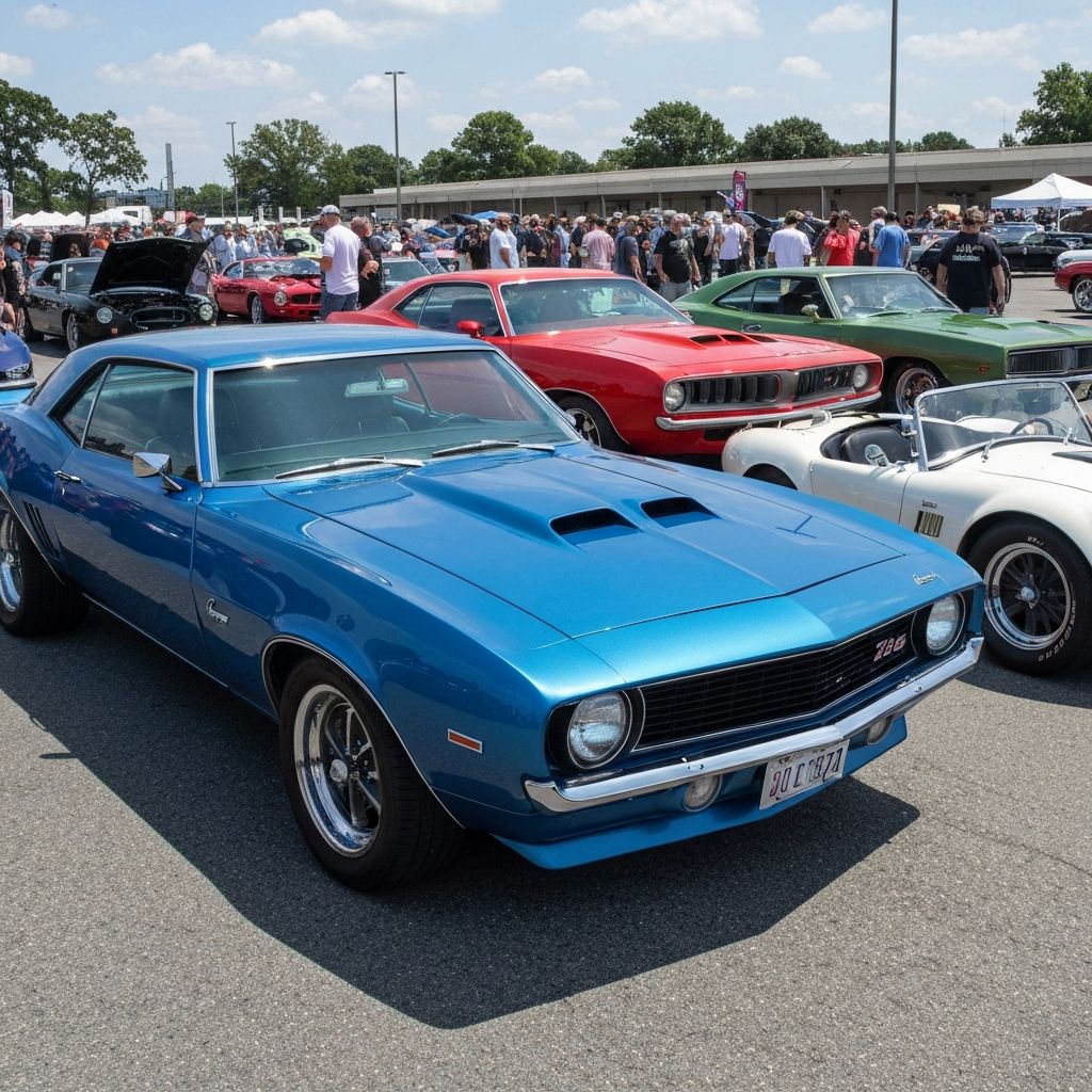 Row of classic muscle cars at a car show