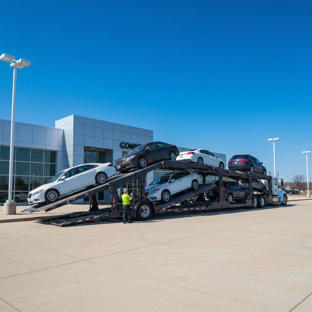 Car dealership fleet being loaded onto carrier truck in Louisville