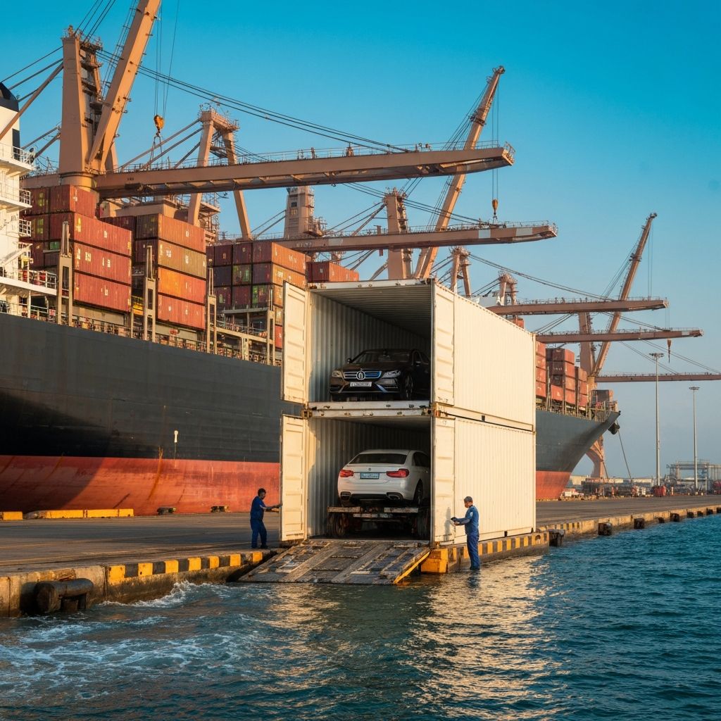 Luxury vehicles being loaded into shipping container at port