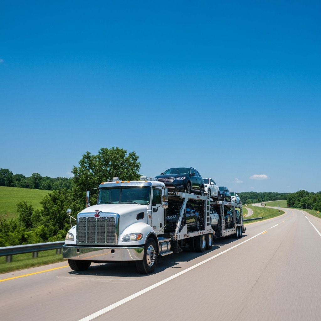 Open car carrier loaded with SUVs on highway