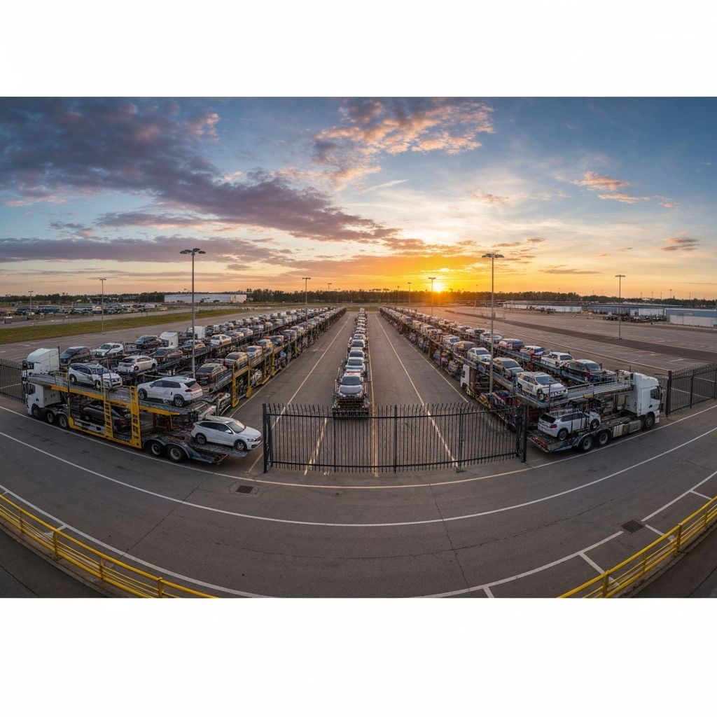 Panoramic view of auto transport terminal at golden hour